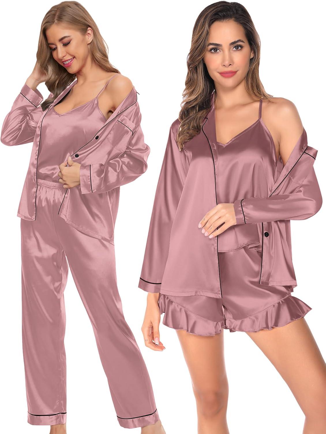 imageSWOMOG Womens Silk Satin Pajamas Sets 4pcs Loungewear Sexy Cami Shorts Set Button Down Long Sleeve Pjs SleepwearLong Sleevemisty Rose