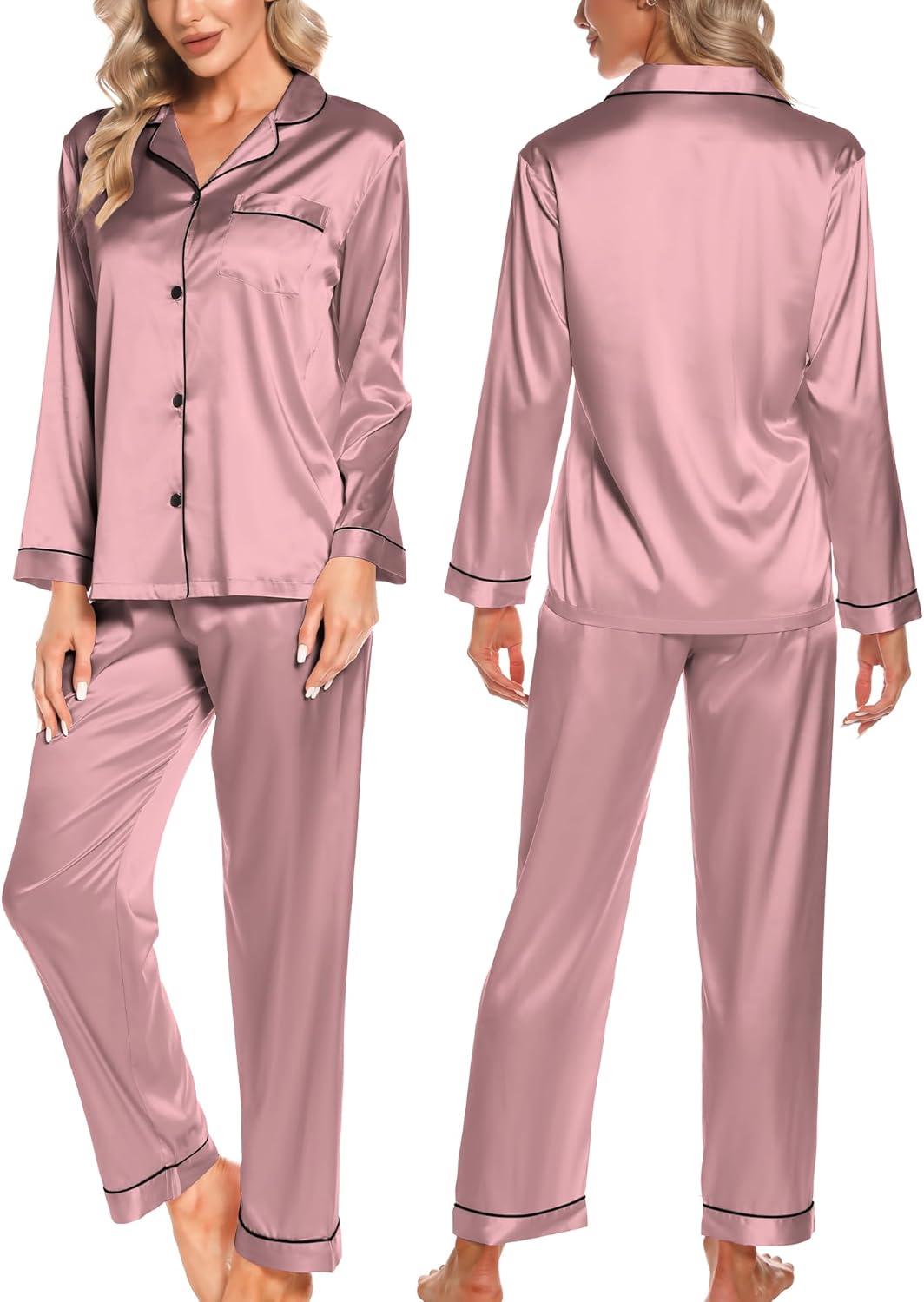 imageSWOMOG Womens Silk Satin Pajamas Sets 4pcs Loungewear Sexy Cami Shorts Set Button Down Long Sleeve Pjs SleepwearLong Sleevemisty Rose