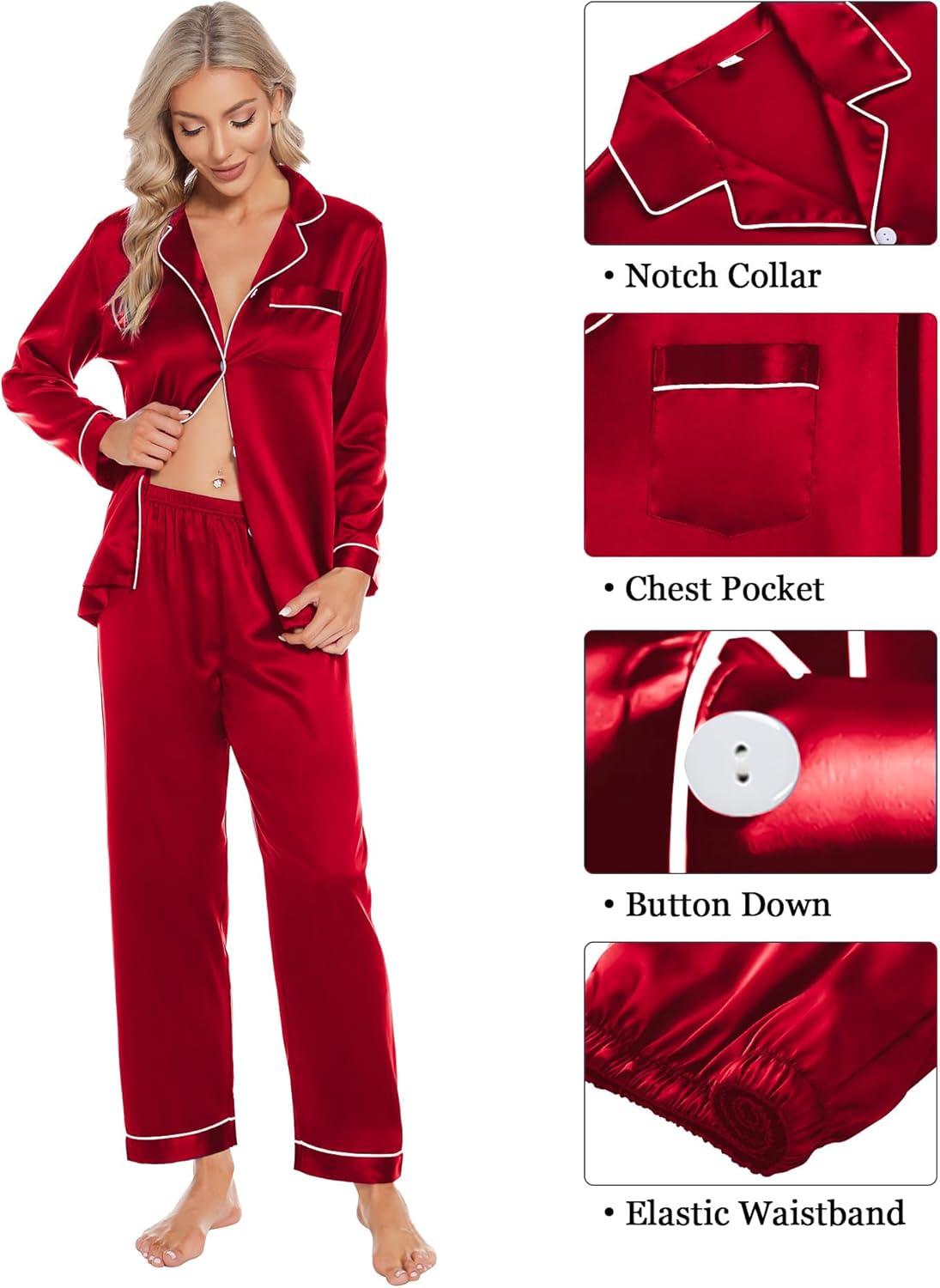 imageSWOMOG Womens Silk Satin Pajamas Sets 4pcs Loungewear Sexy Cami Shorts Set Button Down Long Sleeve Pjs SleepwearRed