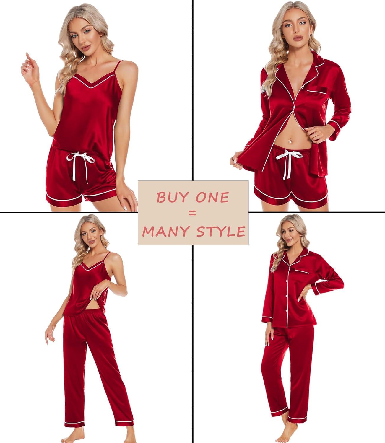 imageSWOMOG Womens Silk Satin Pajamas Sets 4pcs Loungewear Sexy Cami Shorts Set Button Down Long Sleeve Pjs SleepwearRed