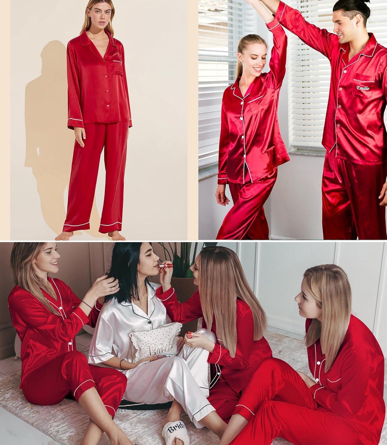 imageSWOMOG Womens Silk Satin Pajamas Sets 4pcs Loungewear Sexy Cami Shorts Set Button Down Long Sleeve Pjs SleepwearRed