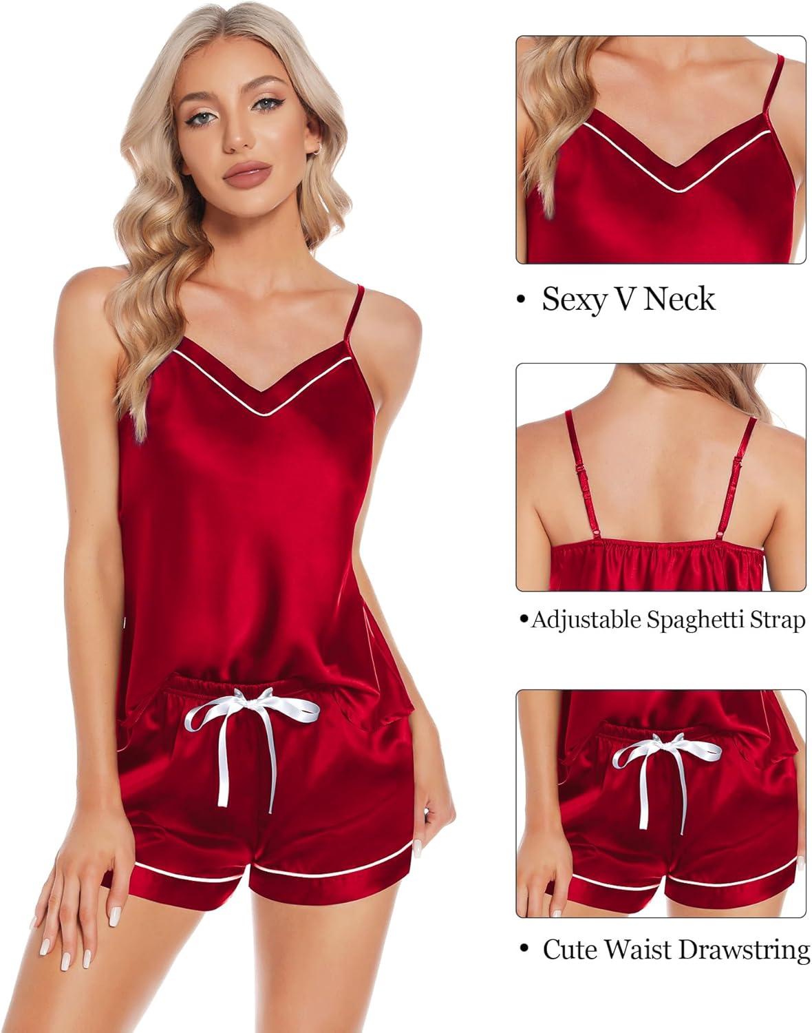 imageSWOMOG Womens Silk Satin Pajamas Sets 4pcs Loungewear Sexy Cami Shorts Set Button Down Long Sleeve Pjs SleepwearRed