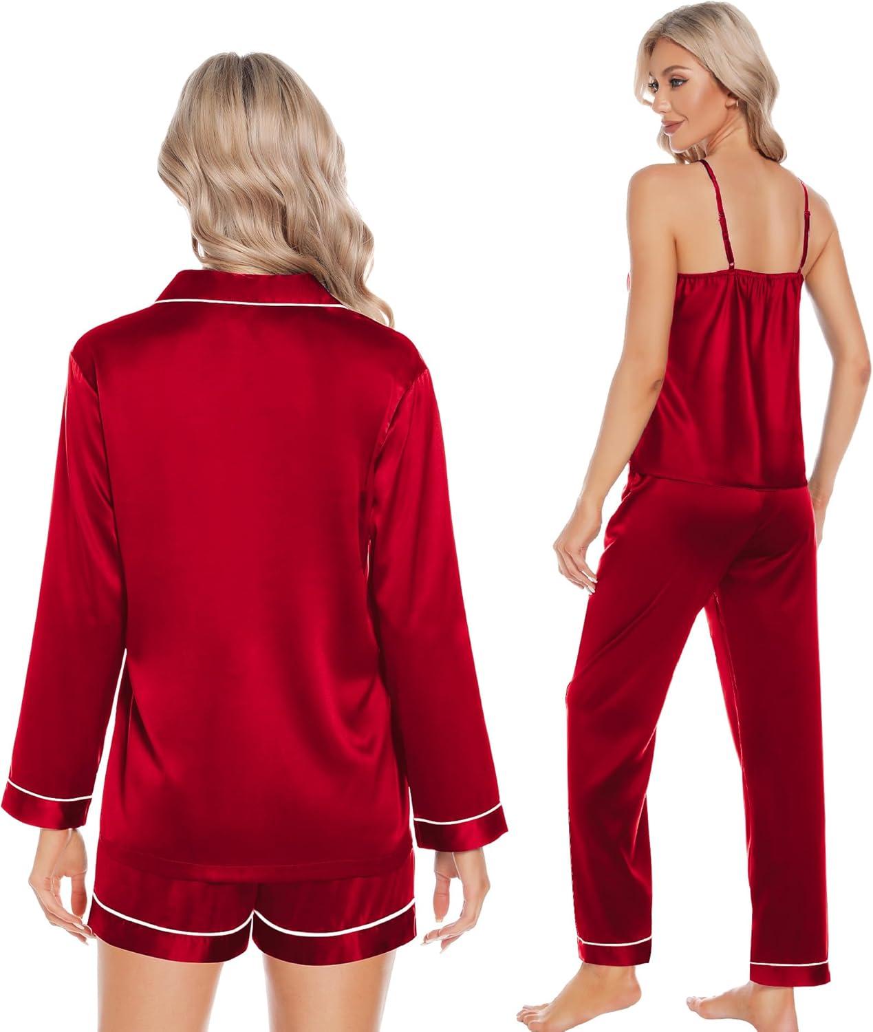 imageSWOMOG Womens Silk Satin Pajamas Sets 4pcs Loungewear Sexy Cami Shorts Set Button Down Long Sleeve Pjs SleepwearRed