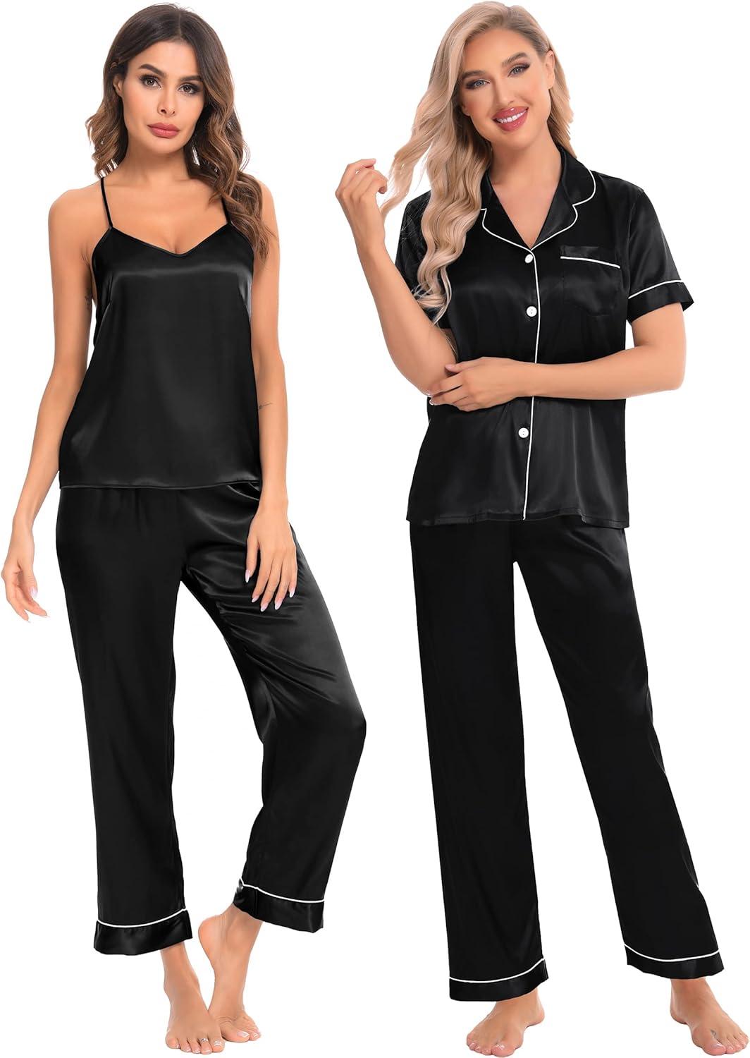 imageSWOMOG Womens Silk Satin Pajamas Sets 4pcs Loungewear Sexy Cami Shorts Set Button Down Long Sleeve Pjs SleepwearShort Sleeveblack