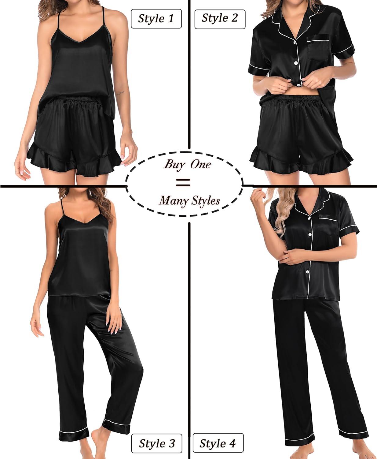 imageSWOMOG Womens Silk Satin Pajamas Sets 4pcs Loungewear Sexy Cami Shorts Set Button Down Long Sleeve Pjs SleepwearShort Sleeveblack