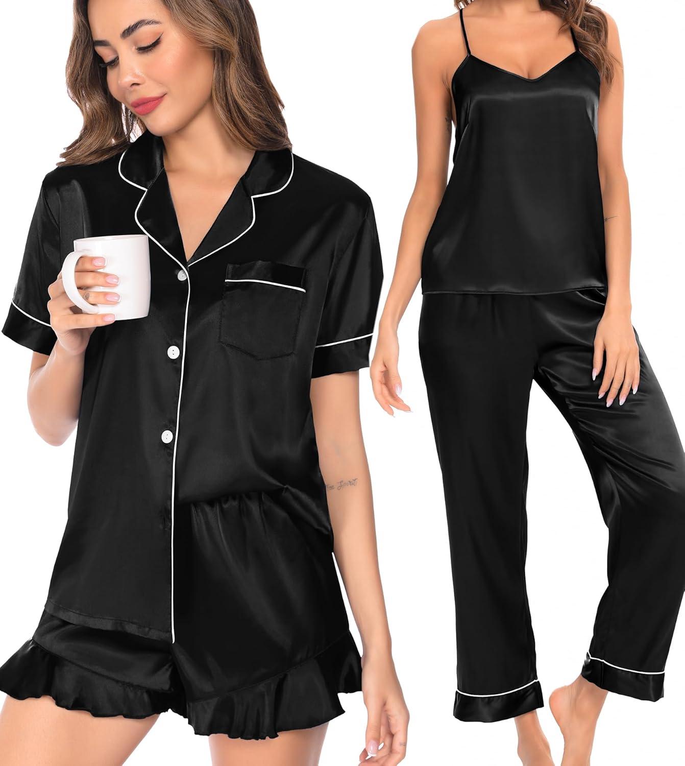 imageSWOMOG Womens Silk Satin Pajamas Sets 4pcs Loungewear Sexy Cami Shorts Set Button Down Long Sleeve Pjs SleepwearShort Sleeveblack