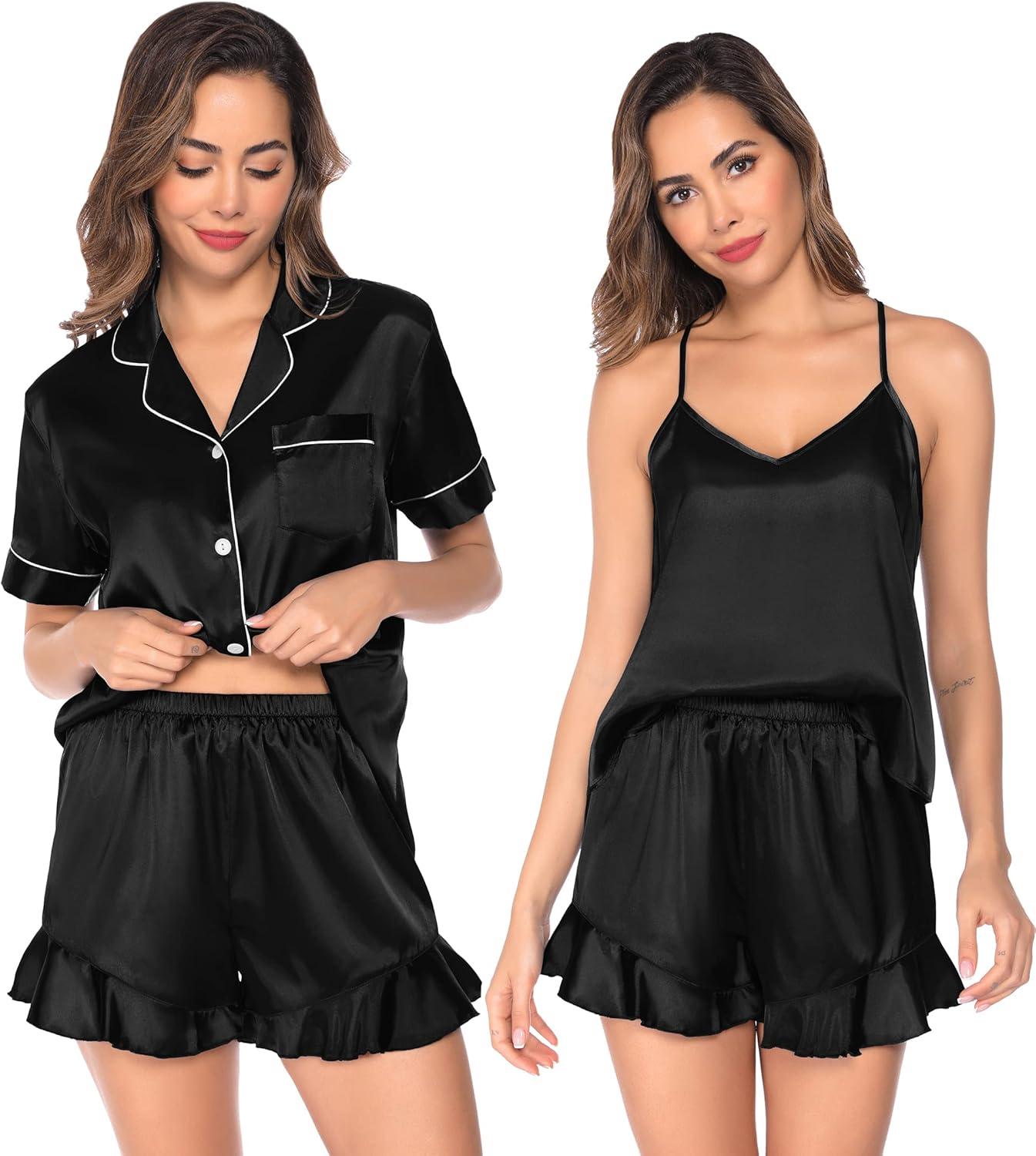 imageSWOMOG Womens Silk Satin Pajamas Sets 4pcs Loungewear Sexy Cami Shorts Set Button Down Long Sleeve Pjs SleepwearShort Sleeveblack