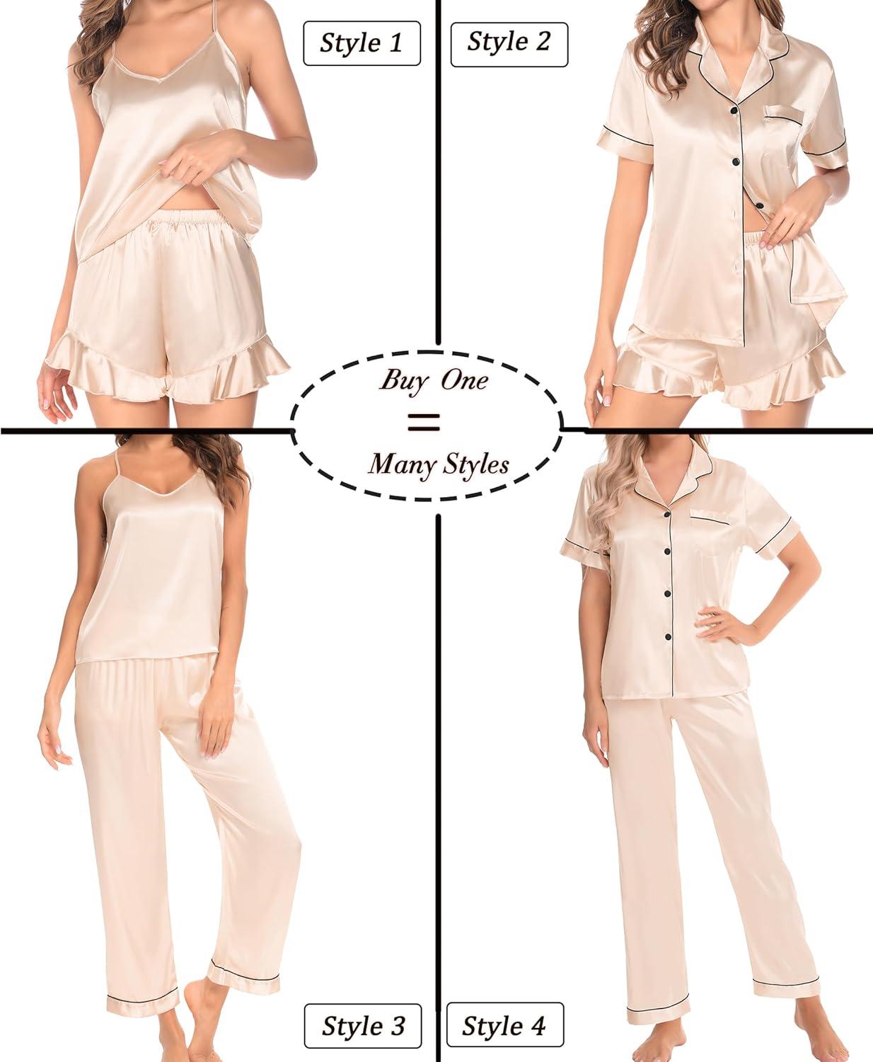 imageSWOMOG Womens Silk Satin Pajamas Sets 4pcs Loungewear Sexy Cami Shorts Set Button Down Long Sleeve Pjs SleepwearShort Sleevechampagne