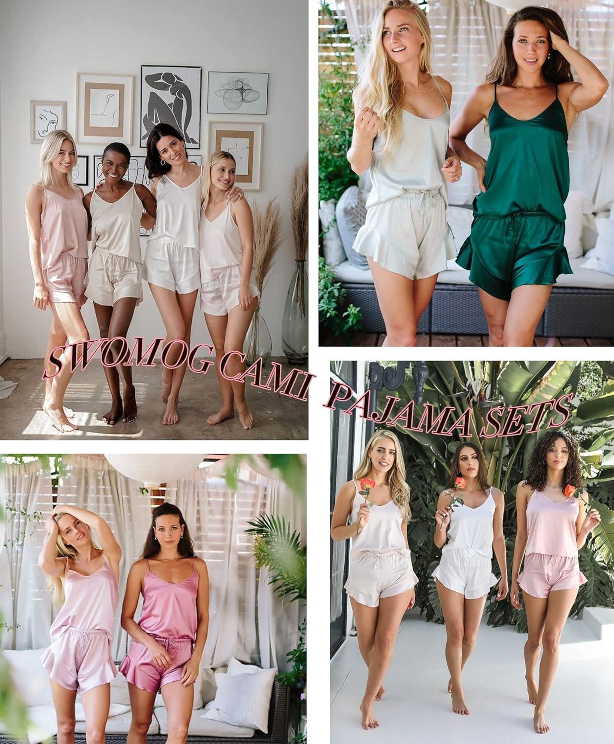 imageSWOMOG Womens Silk Satin Pajamas Sets 4pcs Loungewear Sexy Cami Shorts Set Button Down Long Sleeve Pjs SleepwearShort Sleevechampagne