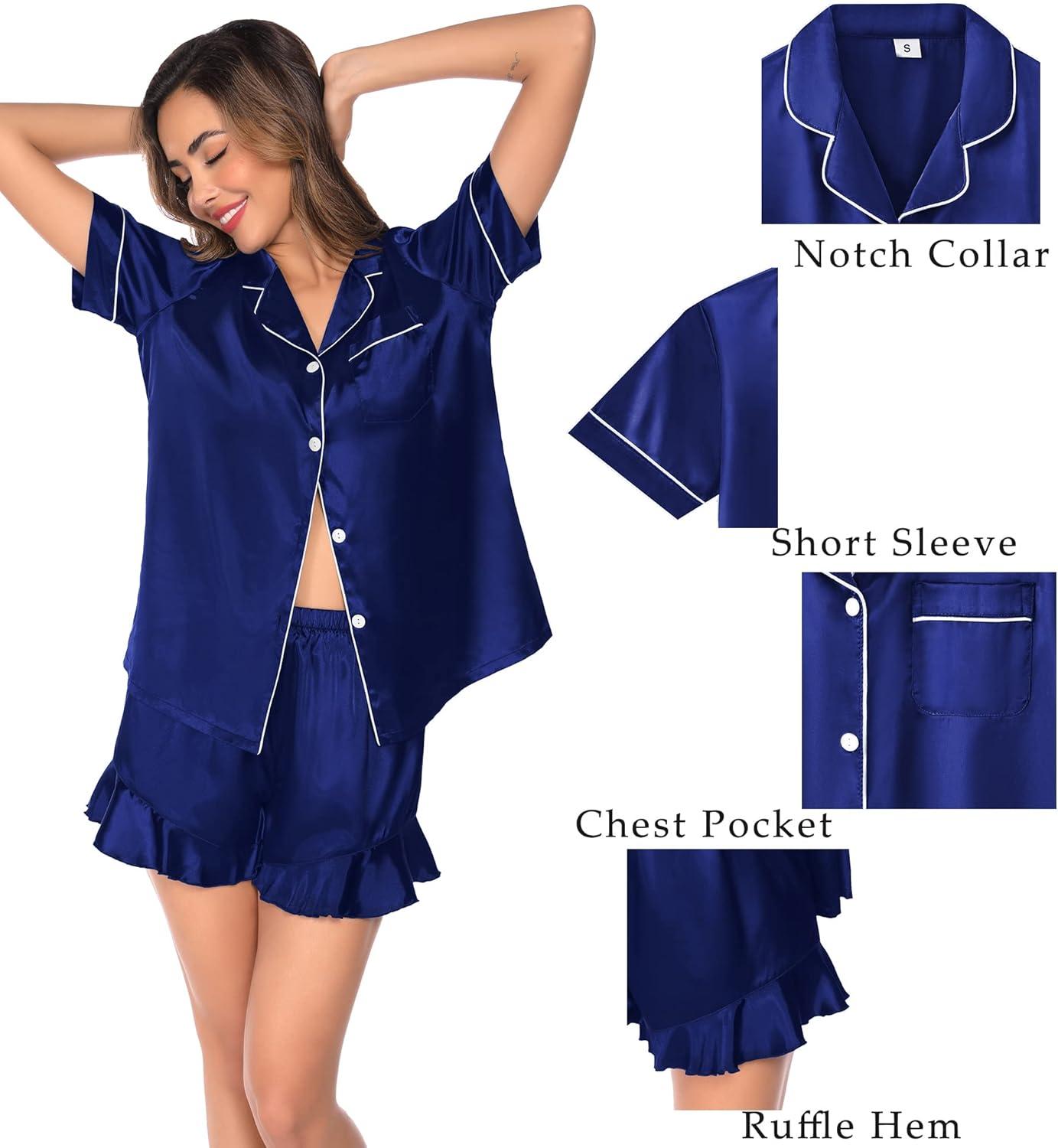 imageSWOMOG Womens Silk Satin Pajamas Sets 4pcs Loungewear Sexy Cami Shorts Set Button Down Long Sleeve Pjs SleepwearShort Sleevenavy Blue