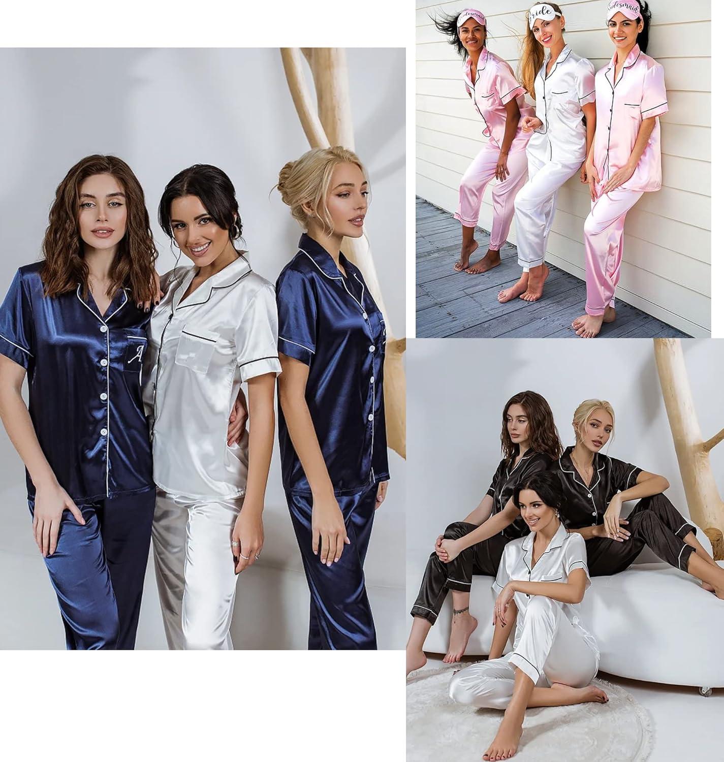 imageSWOMOG Womens Silk Satin Pajamas Sets 4pcs Loungewear Sexy Cami Shorts Set Button Down Long Sleeve Pjs SleepwearShort Sleevenavy Blue