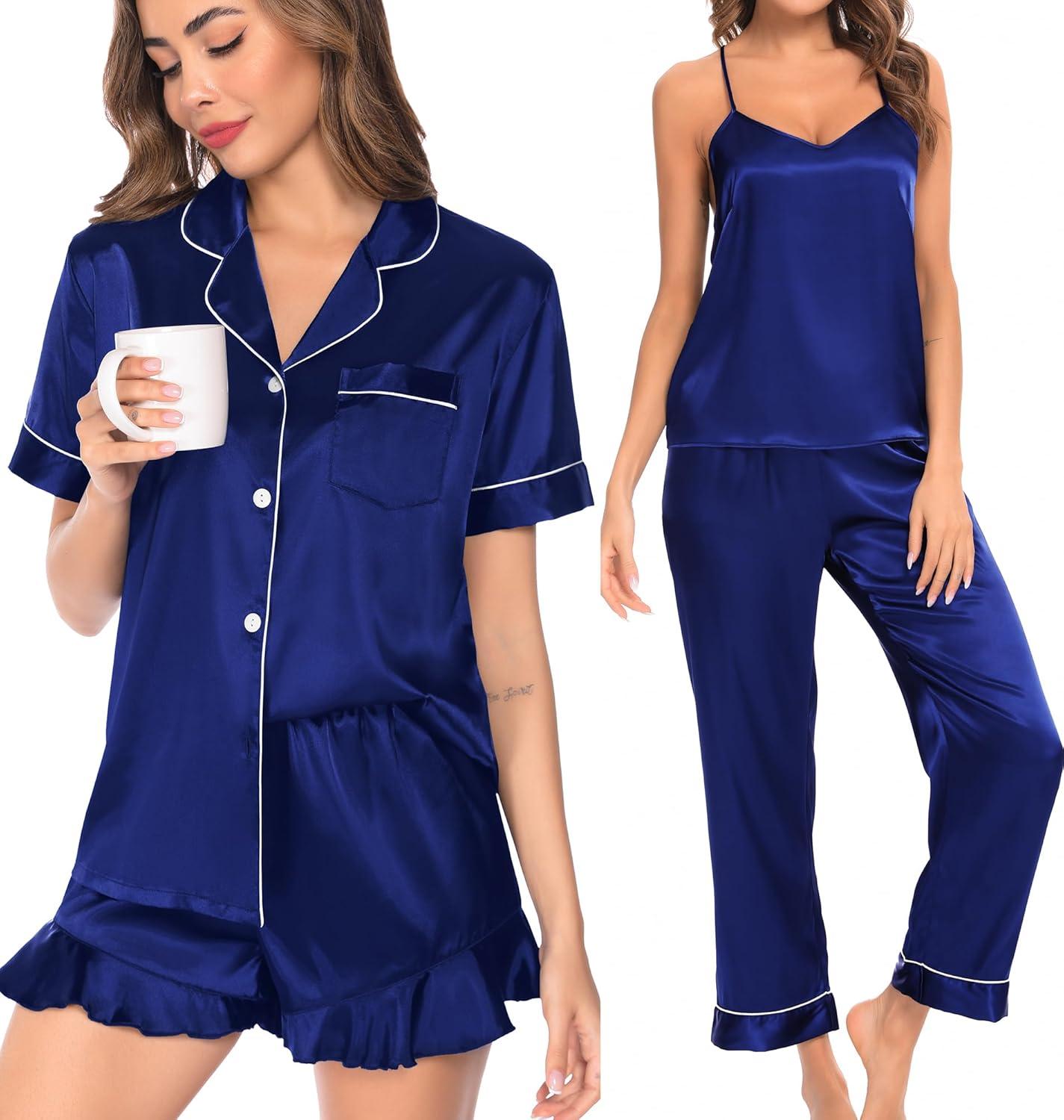 imageSWOMOG Womens Silk Satin Pajamas Sets 4pcs Loungewear Sexy Cami Shorts Set Button Down Long Sleeve Pjs SleepwearShort Sleevenavy Blue