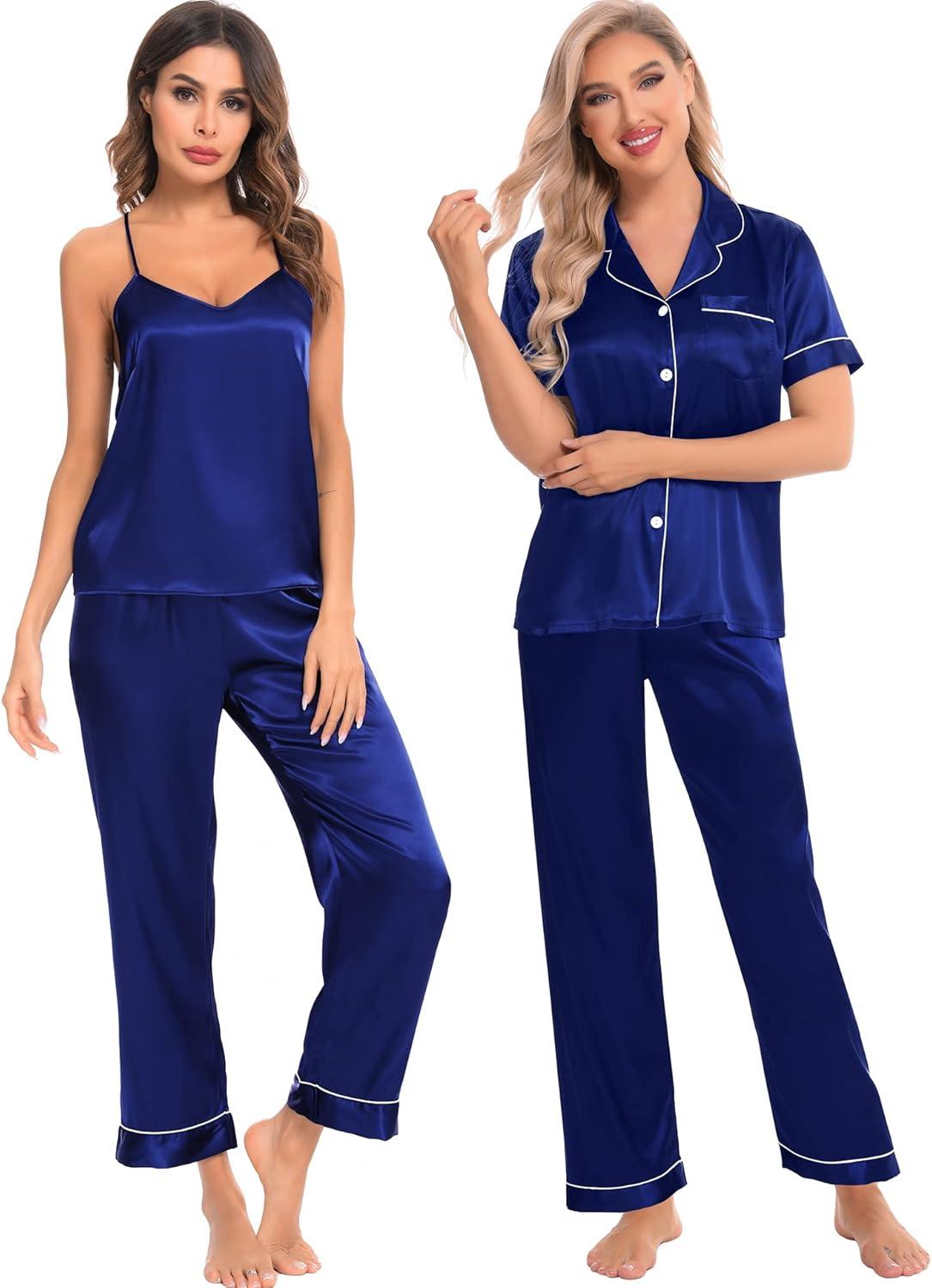 imageSWOMOG Womens Silk Satin Pajamas Sets 4pcs Loungewear Sexy Cami Shorts Set Button Down Long Sleeve Pjs SleepwearShort Sleevenavy Blue