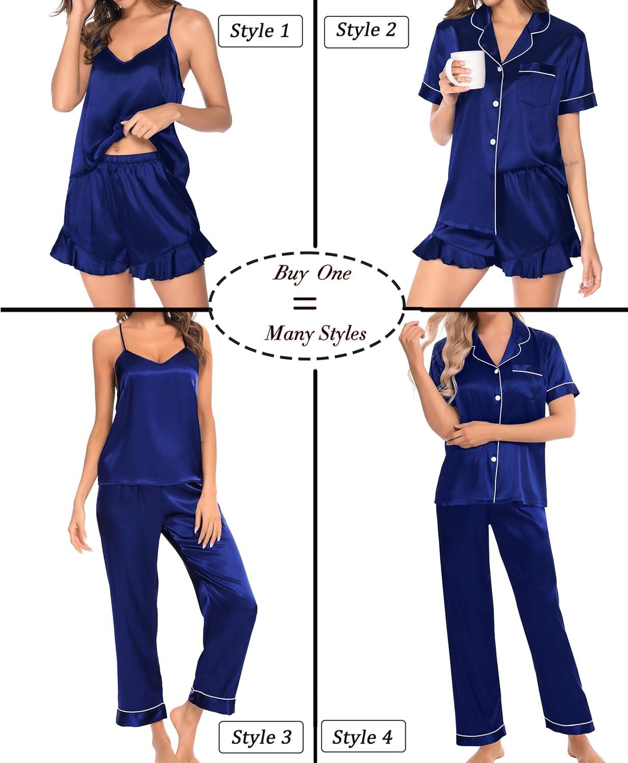 imageSWOMOG Womens Silk Satin Pajamas Sets 4pcs Loungewear Sexy Cami Shorts Set Button Down Long Sleeve Pjs SleepwearShort Sleevenavy Blue