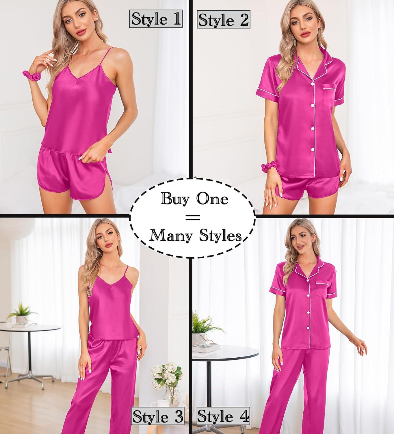 imageSWOMOG Womens Silk Satin Pajamas Sets 7pcs Sleepwear Sexy Cami Shorts Set and Button Down Short Sleeve Satin PjsRose Red