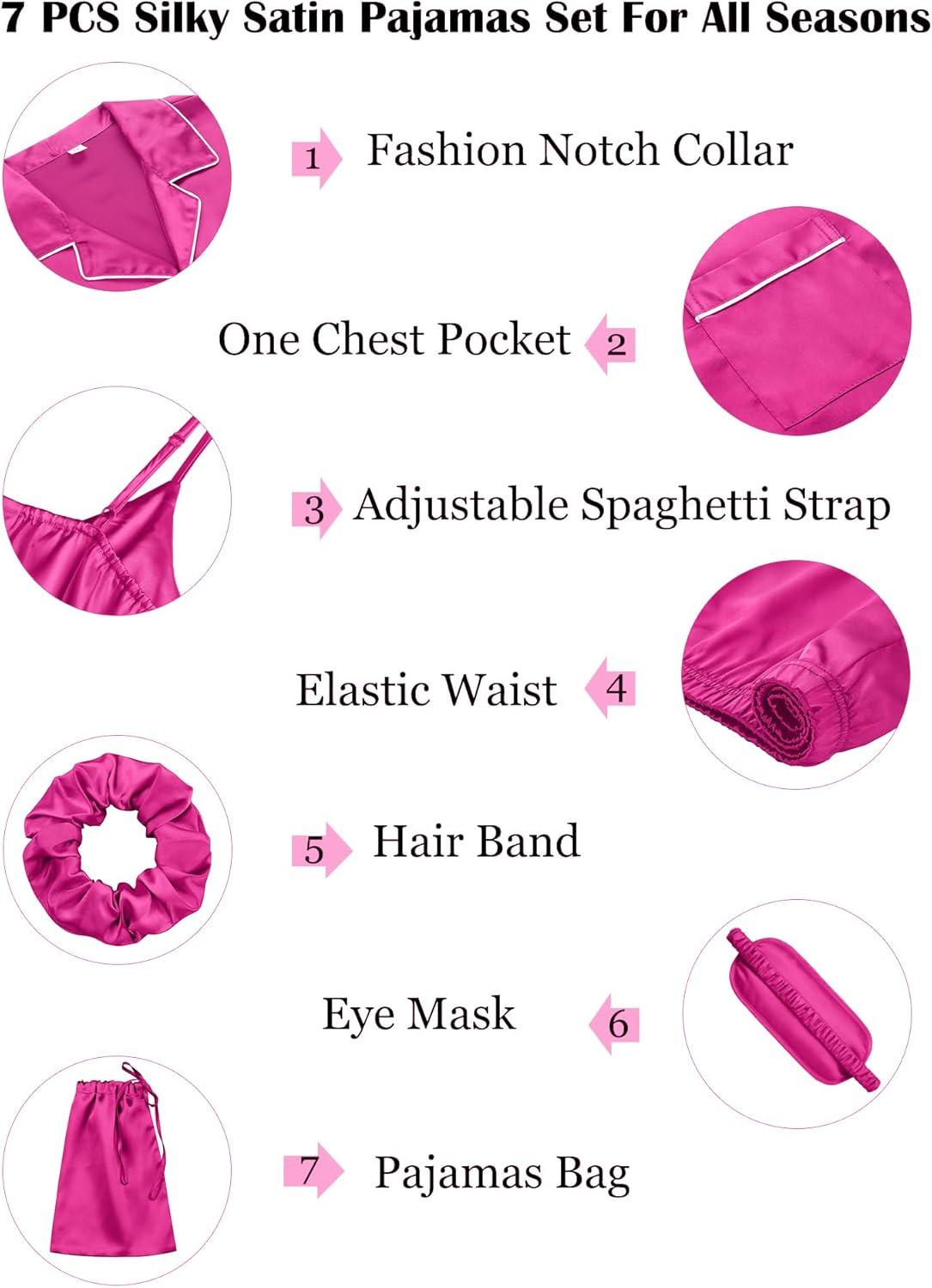 imageSWOMOG Womens Silk Satin Pajamas Sets 7pcs Sleepwear Sexy Cami Shorts Set and Button Down Short Sleeve Satin PjsRose Red