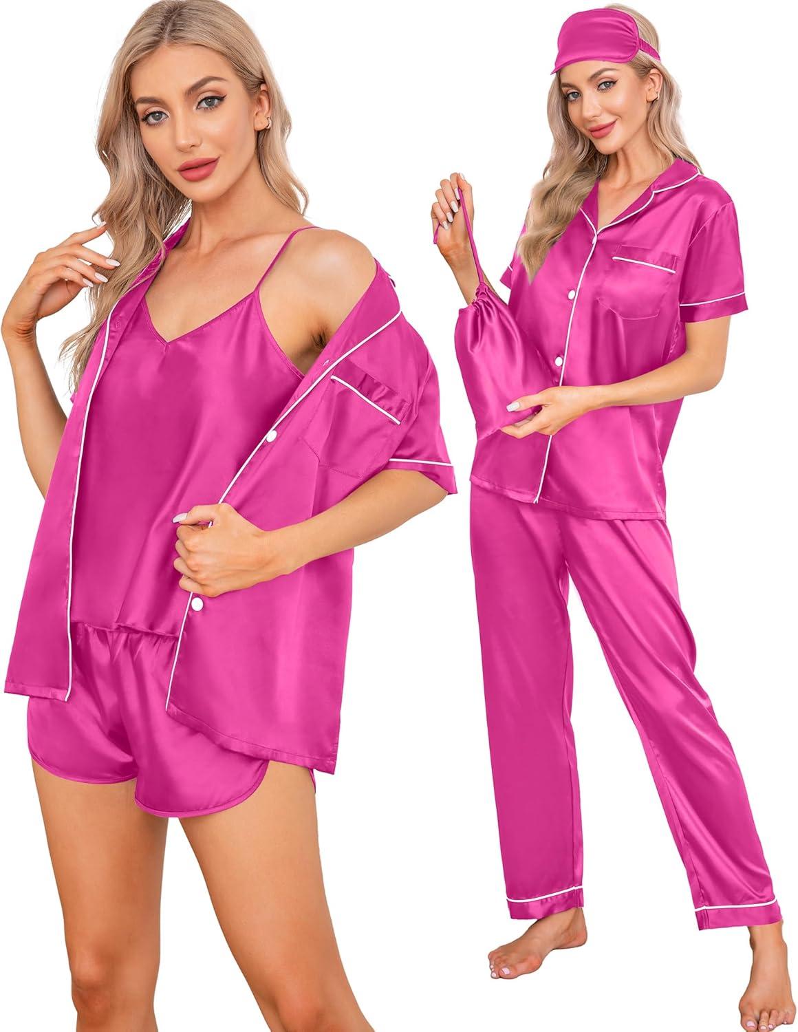 imageSWOMOG Womens Silk Satin Pajamas Sets 7pcs Sleepwear Sexy Cami Shorts Set and Button Down Short Sleeve Satin PjsRose Red