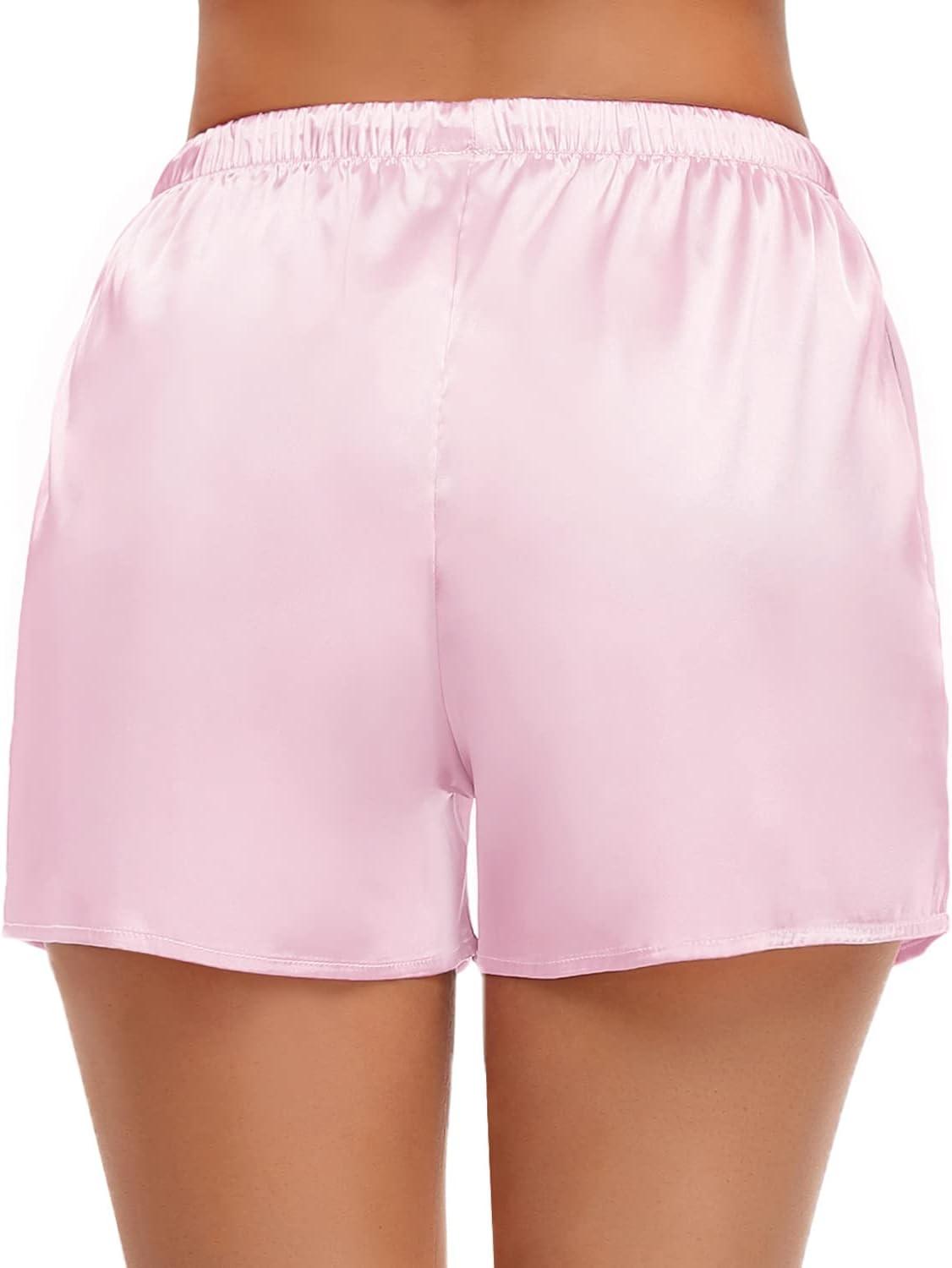 imageSWOMOG Womens Silk Stain Pajama Shorts Pj Bottoms with Pockets Drawstring Sleep Shorts Boxer Soft Lounge ShortsBlackPink