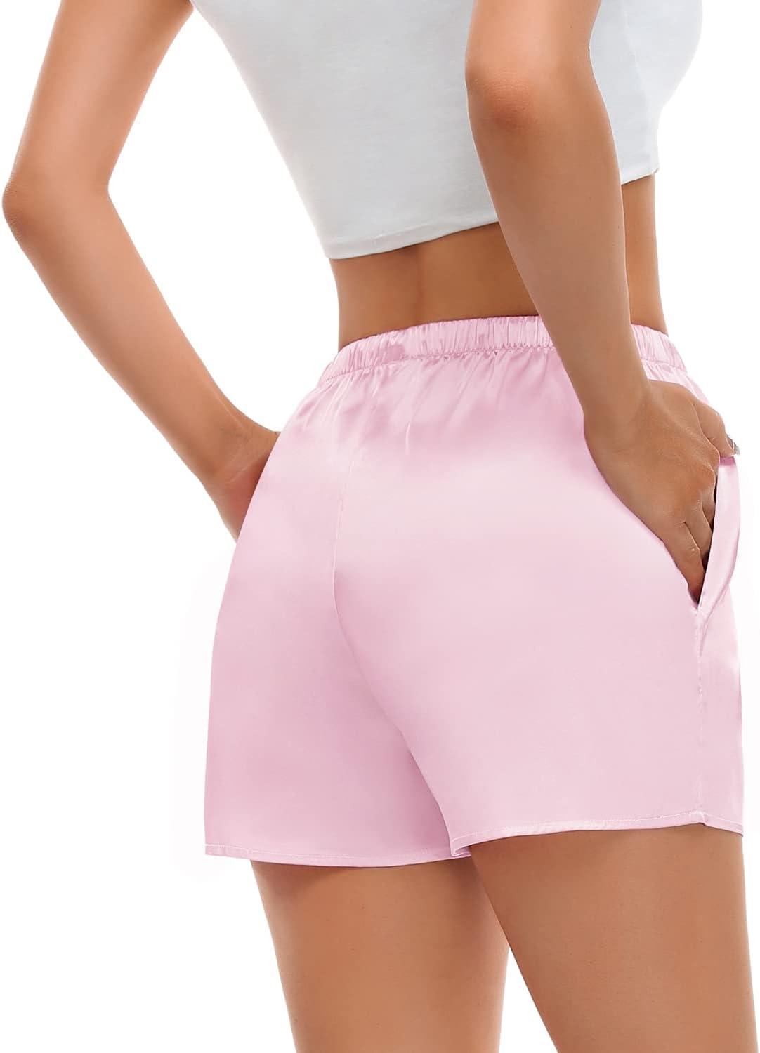imageSWOMOG Womens Silk Stain Pajama Shorts Pj Bottoms with Pockets Drawstring Sleep Shorts Boxer Soft Lounge ShortsBlackPink