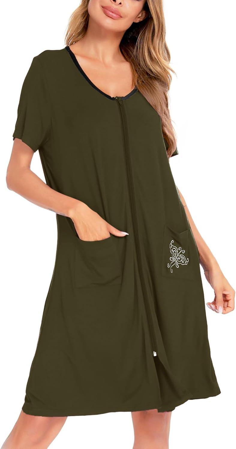 imageSWOMOG Womens Zip Up Housecoat Zipper Front Robe Lightweight Bathrobe Short Sleeve Loungewear Nightgowns with PocketsArmy Green