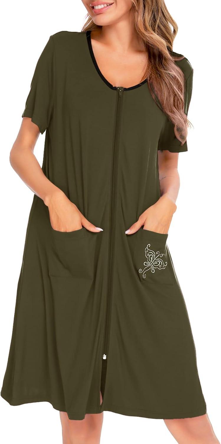 imageSWOMOG Womens Zip Up Housecoat Zipper Front Robe Lightweight Bathrobe Short Sleeve Loungewear Nightgowns with PocketsArmy Green