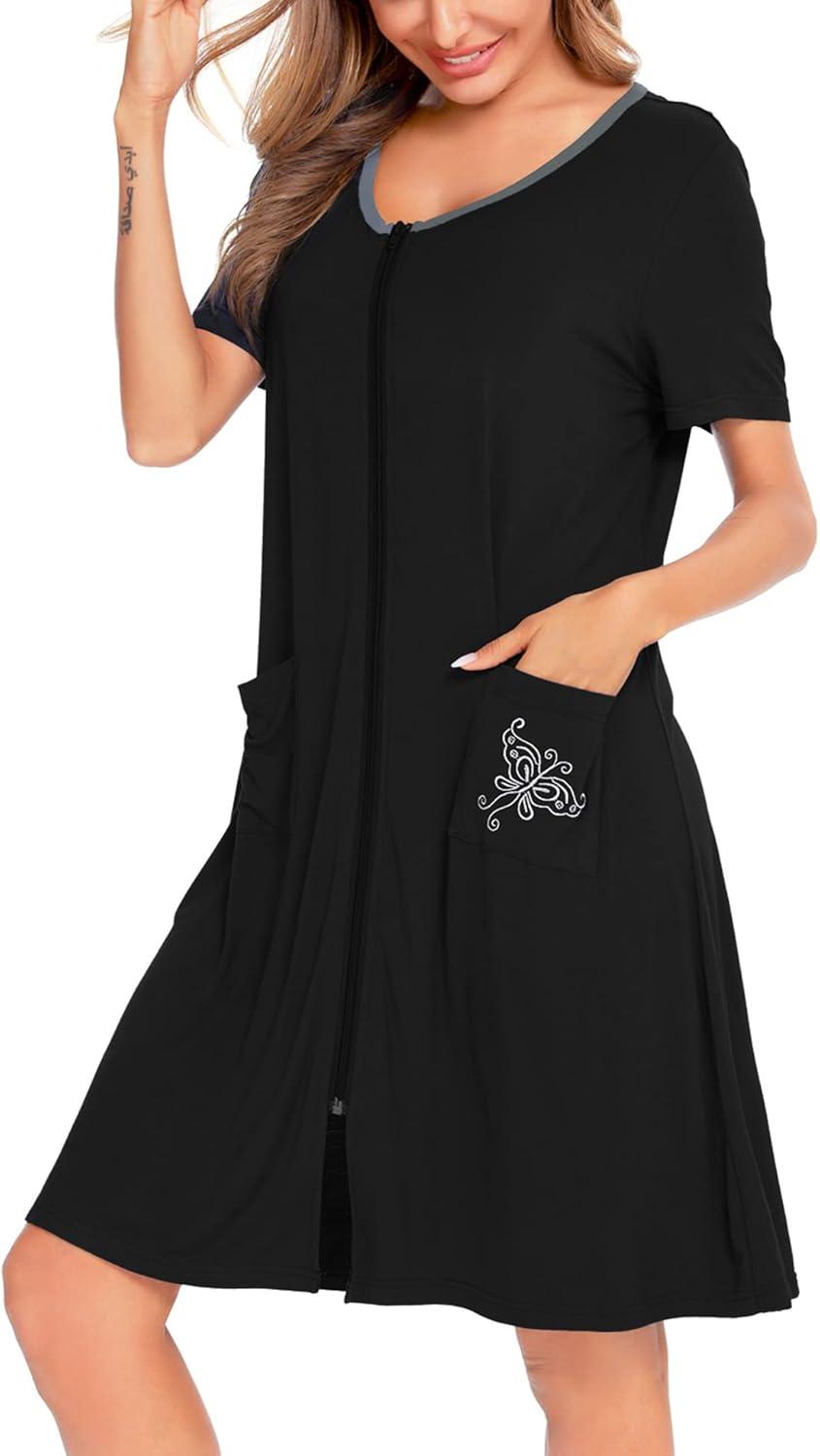 imageSWOMOG Womens Zip Up Housecoat Zipper Front Robe Lightweight Bathrobe Short Sleeve Loungewear Nightgowns with PocketsBlack