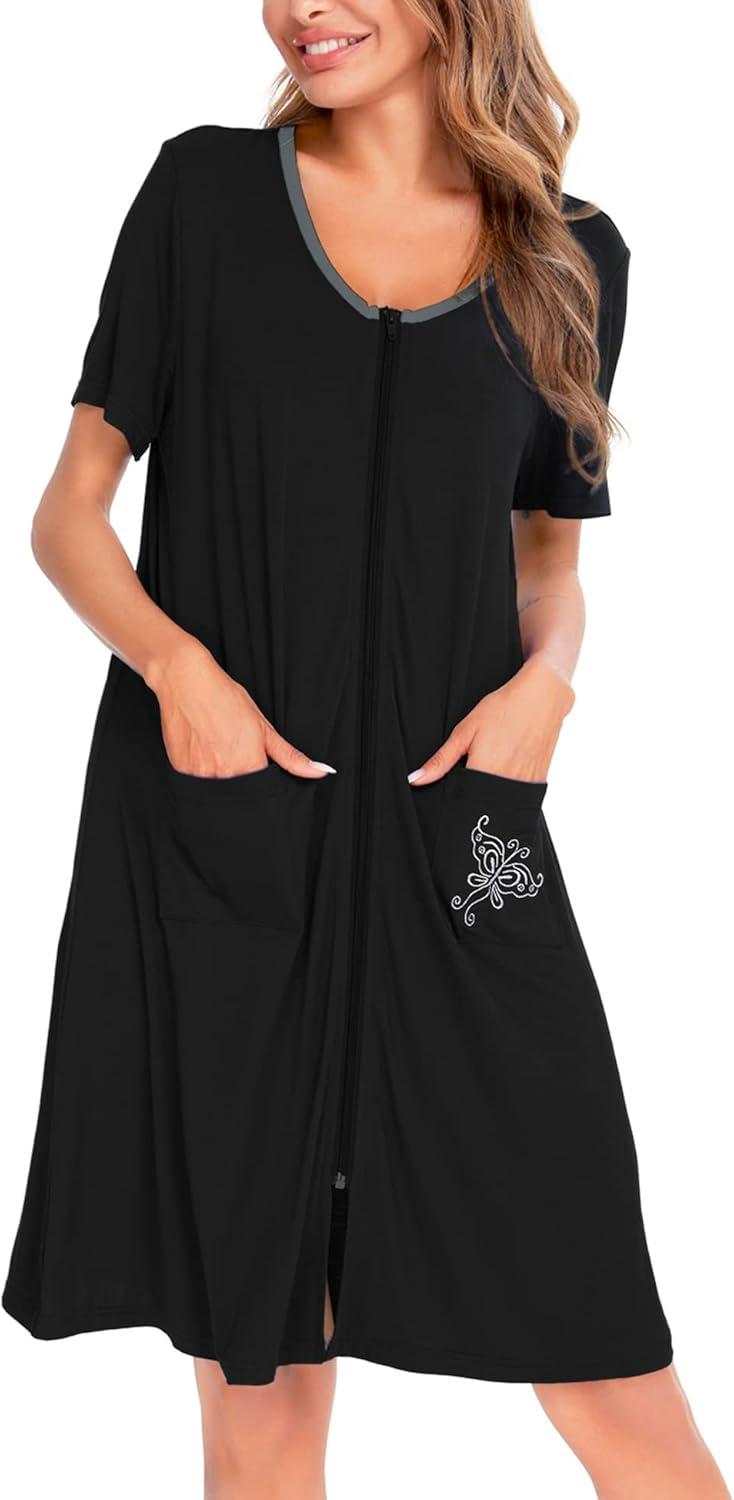 imageSWOMOG Womens Zip Up Housecoat Zipper Front Robe Lightweight Bathrobe Short Sleeve Loungewear Nightgowns with PocketsBlack