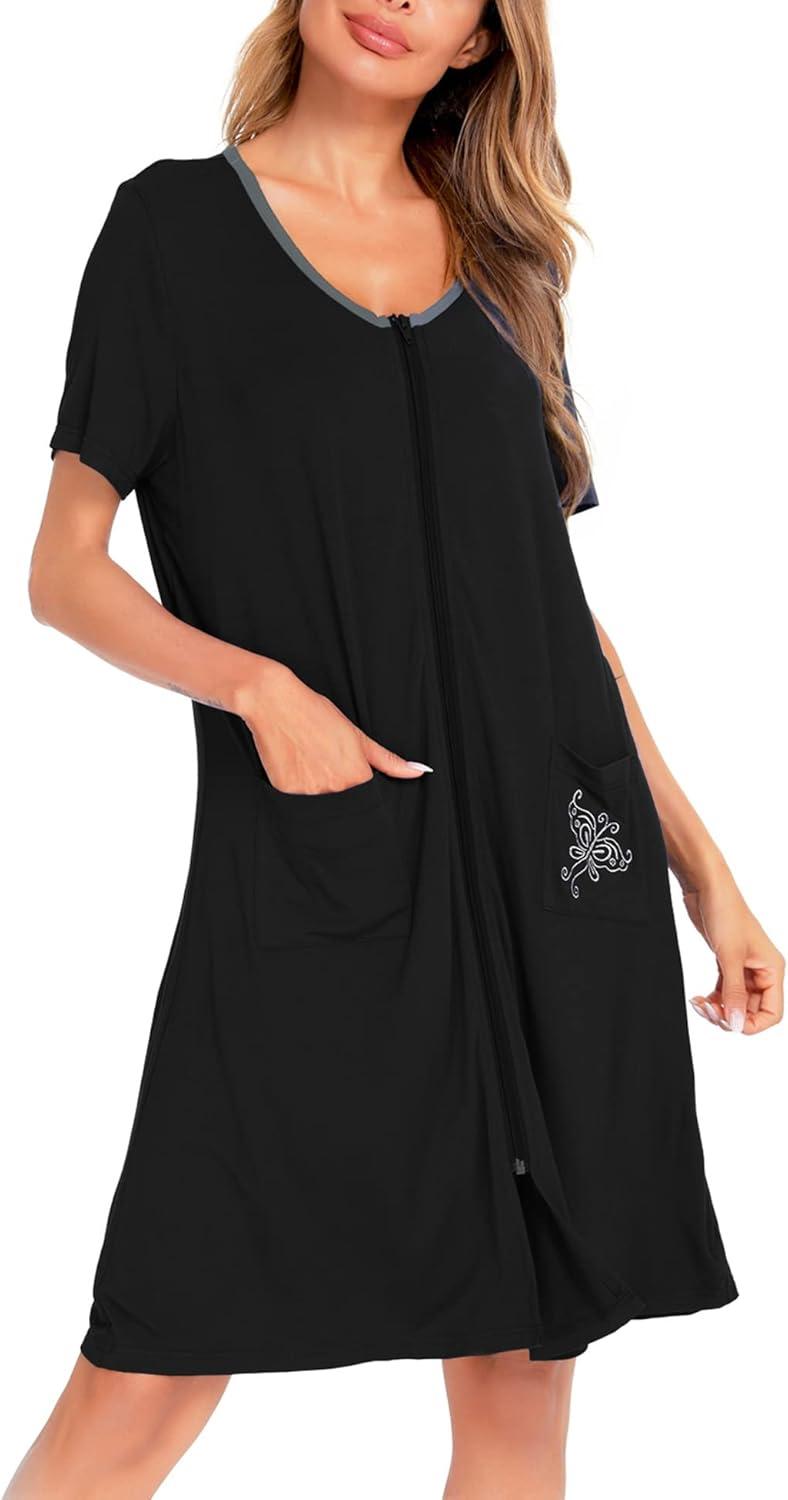 imageSWOMOG Womens Zip Up Housecoat Zipper Front Robe Lightweight Bathrobe Short Sleeve Loungewear Nightgowns with PocketsBlack