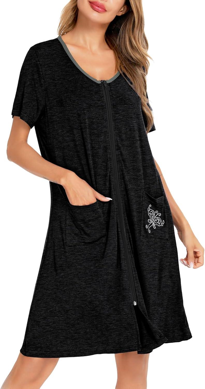 imageSWOMOG Womens Zip Up Housecoat Zipper Front Robe Lightweight Bathrobe Short Sleeve Loungewear Nightgowns with PocketsBlack Grey