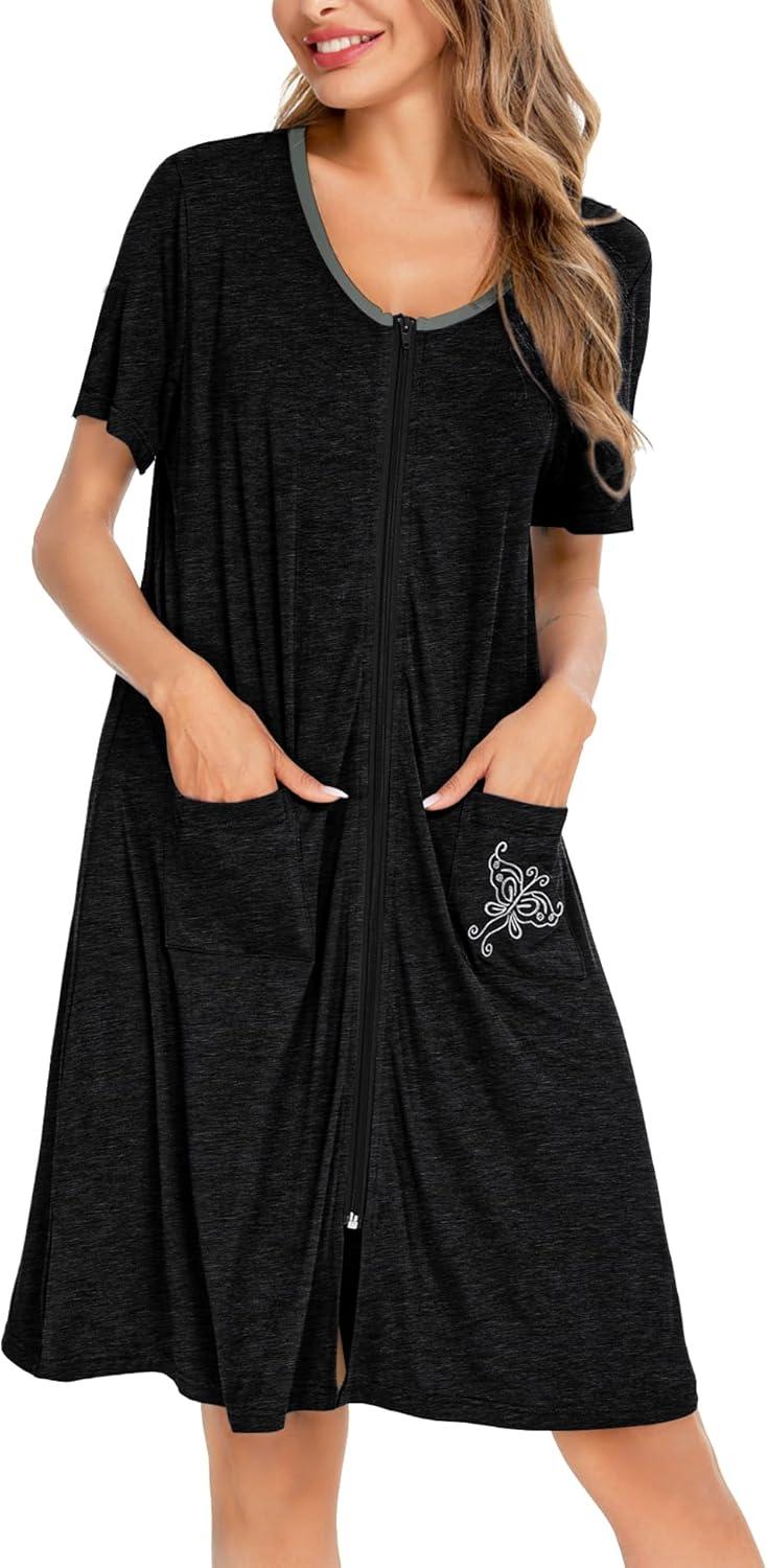 imageSWOMOG Womens Zip Up Housecoat Zipper Front Robe Lightweight Bathrobe Short Sleeve Loungewear Nightgowns with PocketsBlack Grey