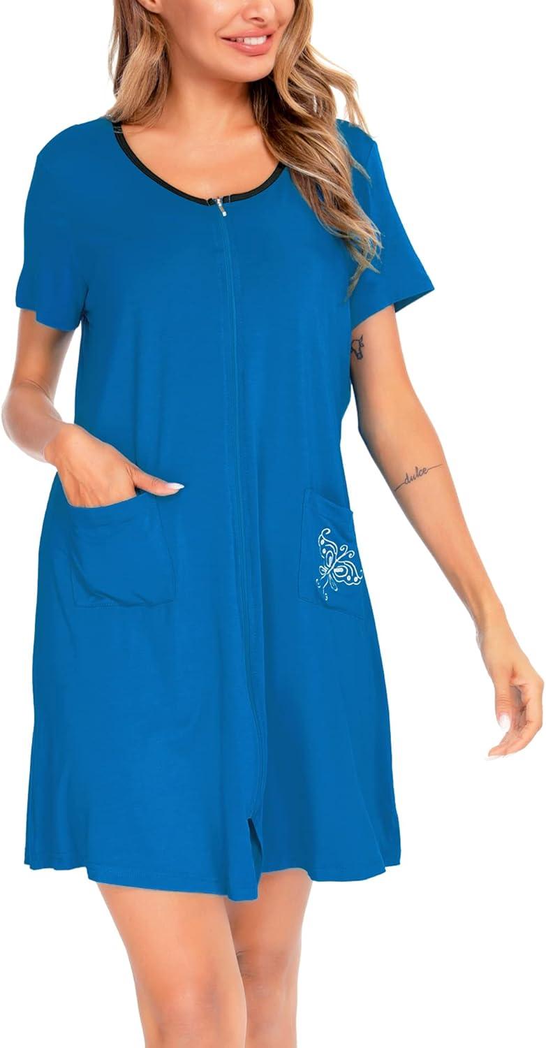 imageSWOMOG Womens Zip Up Housecoat Zipper Front Robe Lightweight Bathrobe Short Sleeve Loungewear Nightgowns with PocketsBlue