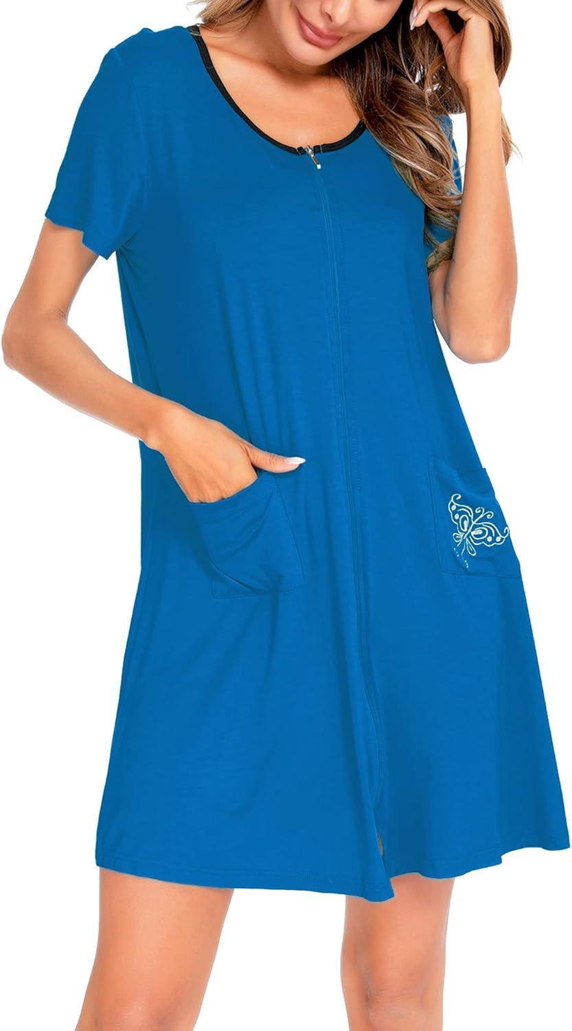 imageSWOMOG Womens Zip Up Housecoat Zipper Front Robe Lightweight Bathrobe Short Sleeve Loungewear Nightgowns with PocketsBlue