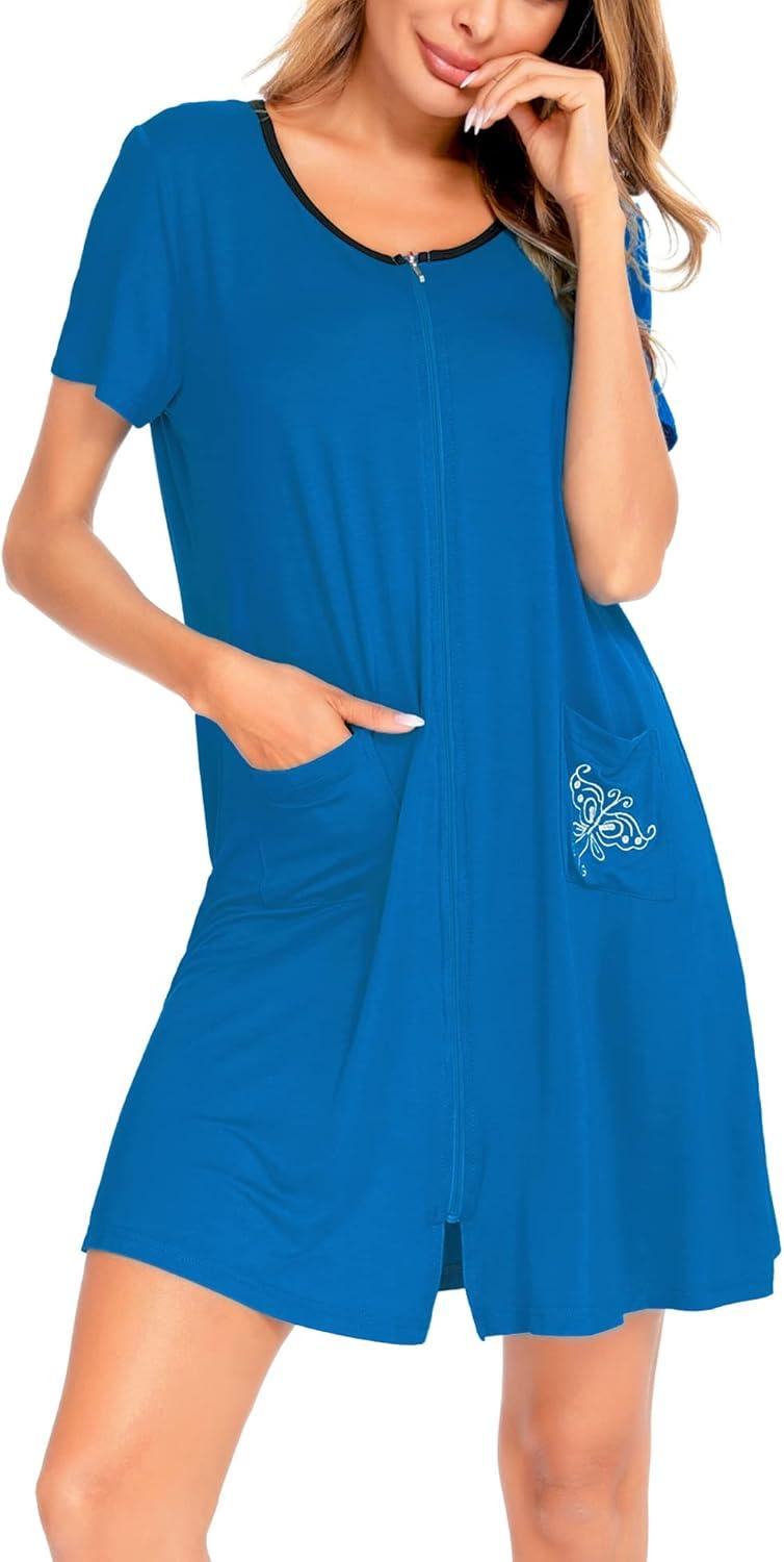 imageSWOMOG Womens Zip Up Housecoat Zipper Front Robe Lightweight Bathrobe Short Sleeve Loungewear Nightgowns with PocketsBlue