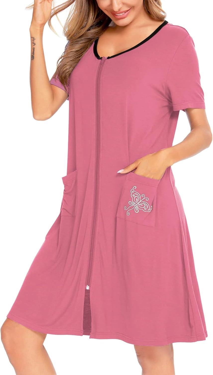 imageSWOMOG Womens Zip Up Housecoat Zipper Front Robe Lightweight Bathrobe Short Sleeve Loungewear Nightgowns with PocketsCoral