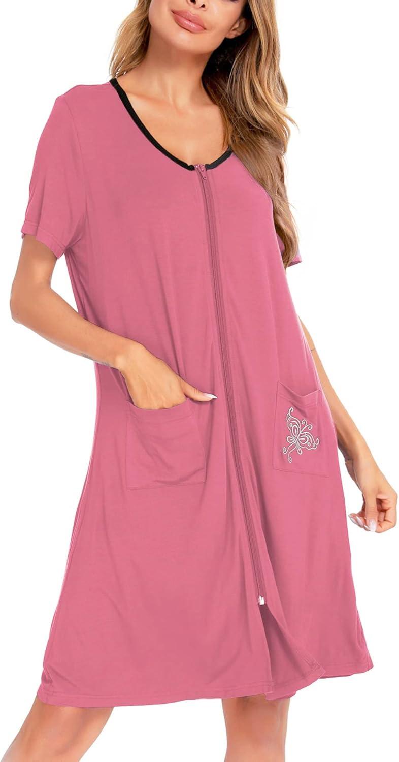 imageSWOMOG Womens Zip Up Housecoat Zipper Front Robe Lightweight Bathrobe Short Sleeve Loungewear Nightgowns with PocketsCoral