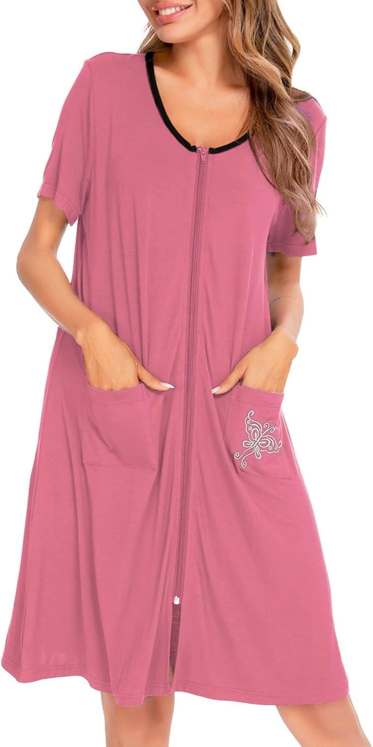 imageSWOMOG Womens Zip Up Housecoat Zipper Front Robe Lightweight Bathrobe Short Sleeve Loungewear Nightgowns with PocketsCoral