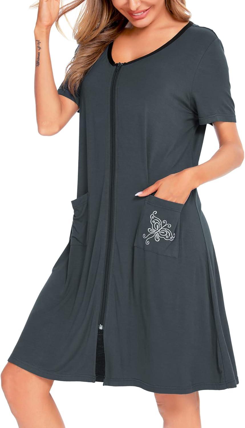 imageSWOMOG Womens Zip Up Housecoat Zipper Front Robe Lightweight Bathrobe Short Sleeve Loungewear Nightgowns with PocketsDeep Grey