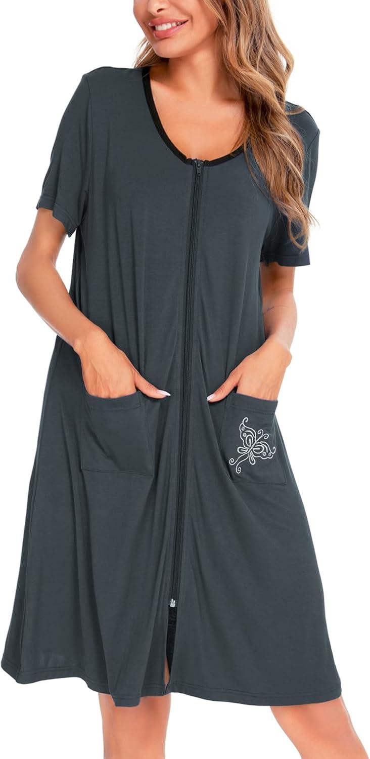 imageSWOMOG Womens Zip Up Housecoat Zipper Front Robe Lightweight Bathrobe Short Sleeve Loungewear Nightgowns with PocketsDeep Grey