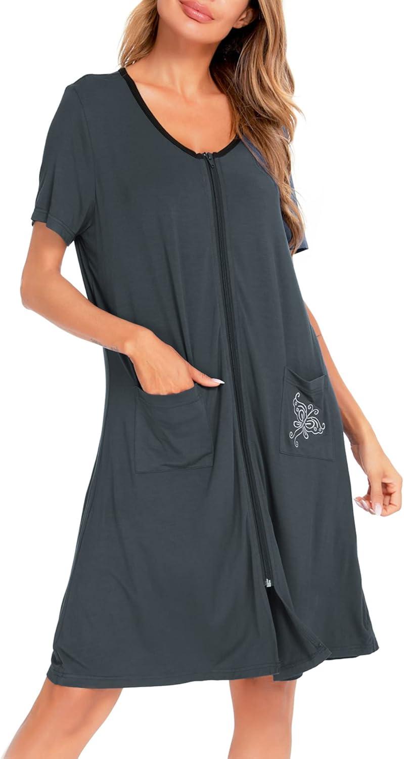 imageSWOMOG Womens Zip Up Housecoat Zipper Front Robe Lightweight Bathrobe Short Sleeve Loungewear Nightgowns with PocketsDeep Grey