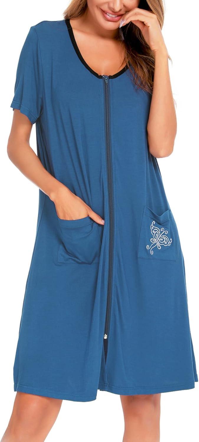 imageSWOMOG Womens Zip Up Housecoat Zipper Front Robe Lightweight Bathrobe Short Sleeve Loungewear Nightgowns with PocketsDeep Sky Blue