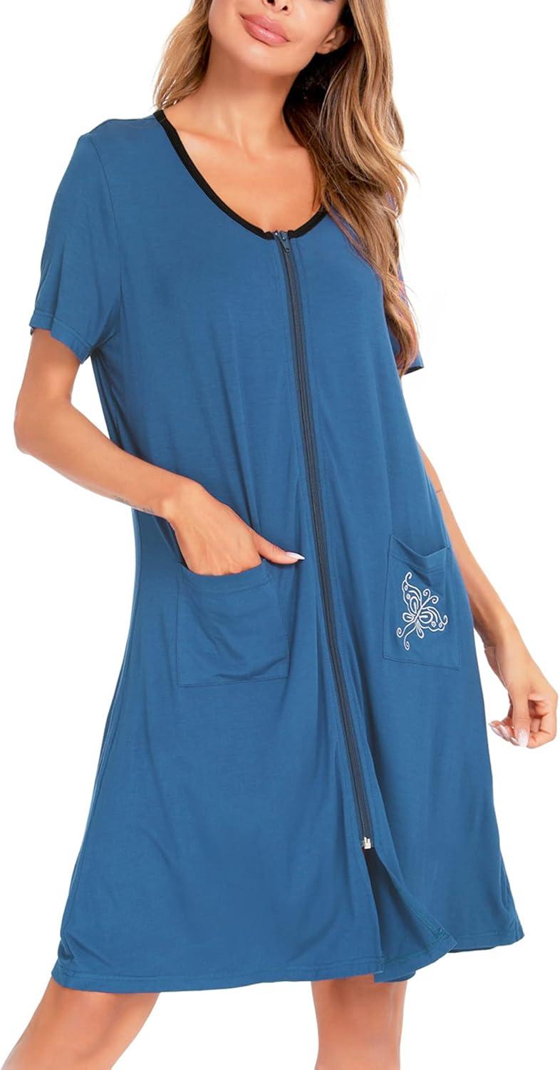 imageSWOMOG Womens Zip Up Housecoat Zipper Front Robe Lightweight Bathrobe Short Sleeve Loungewear Nightgowns with PocketsDeep Sky Blue