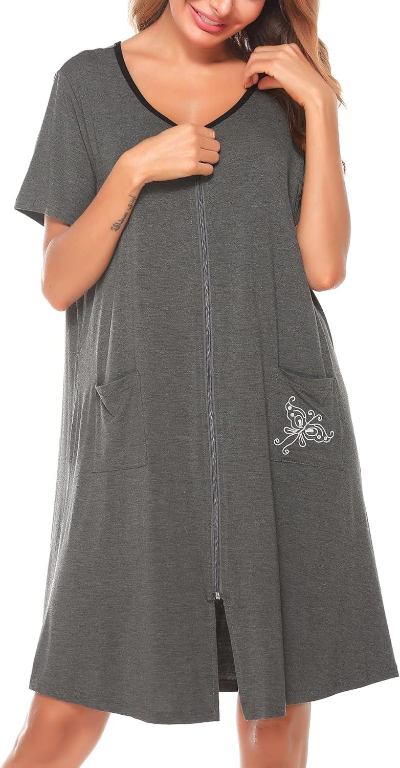 imageSWOMOG Womens Zip Up Housecoat Zipper Front Robe Lightweight Bathrobe Short Sleeve Loungewear Nightgowns with PocketsFlecking Gray