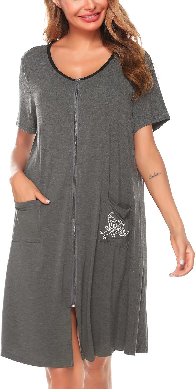 imageSWOMOG Womens Zip Up Housecoat Zipper Front Robe Lightweight Bathrobe Short Sleeve Loungewear Nightgowns with PocketsFlecking Gray