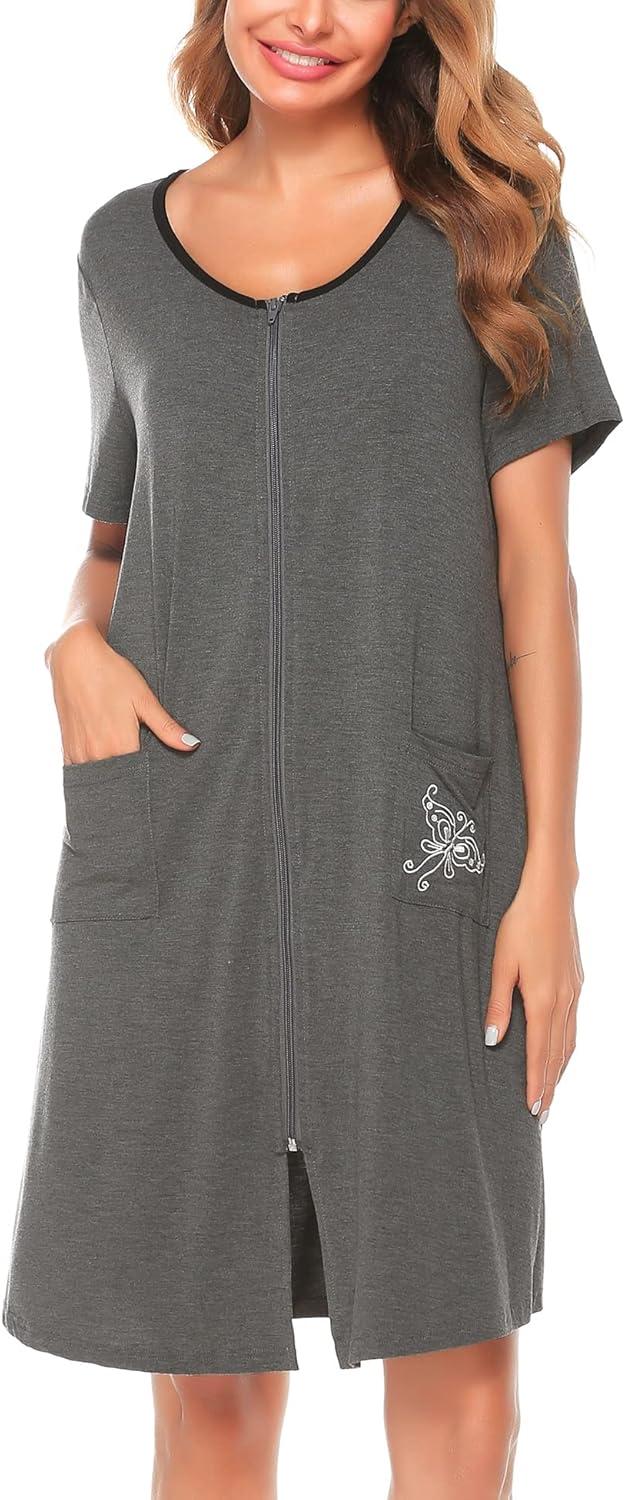 imageSWOMOG Womens Zip Up Housecoat Zipper Front Robe Lightweight Bathrobe Short Sleeve Loungewear Nightgowns with PocketsFlecking Gray