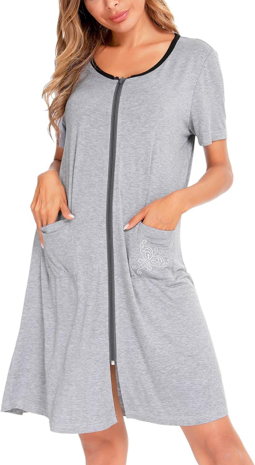 imageSWOMOG Womens Zip Up Housecoat Zipper Front Robe Lightweight Bathrobe Short Sleeve Loungewear Nightgowns with PocketsGrey