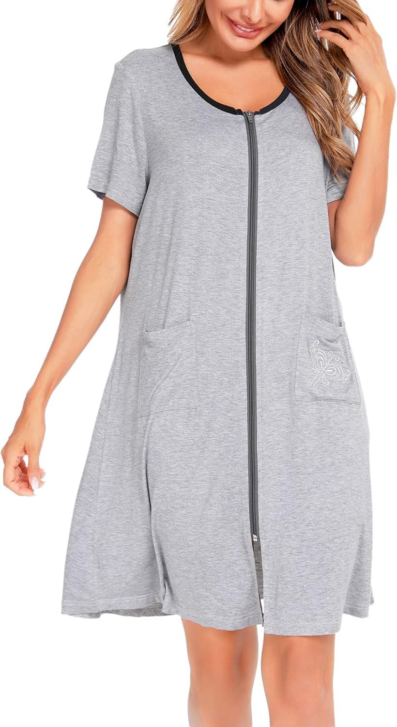 imageSWOMOG Womens Zip Up Housecoat Zipper Front Robe Lightweight Bathrobe Short Sleeve Loungewear Nightgowns with PocketsGrey