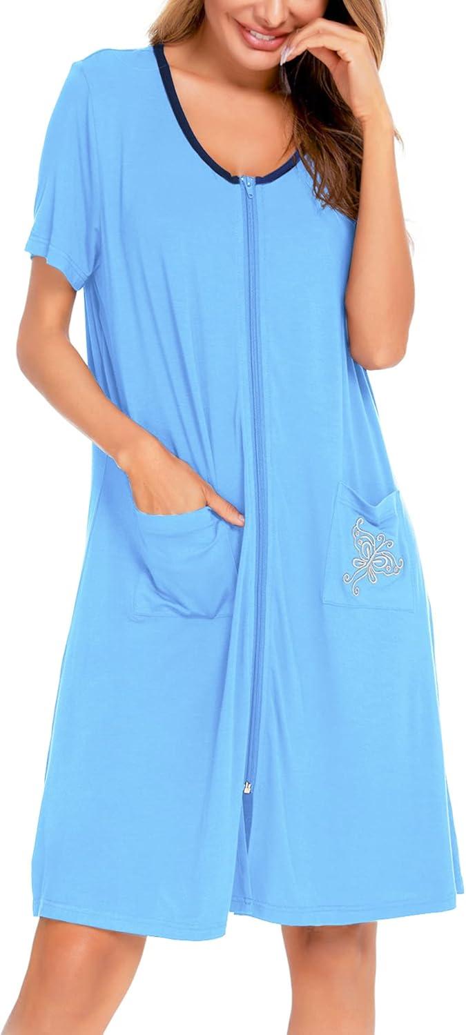 imageSWOMOG Womens Zip Up Housecoat Zipper Front Robe Lightweight Bathrobe Short Sleeve Loungewear Nightgowns with PocketsLight Blue