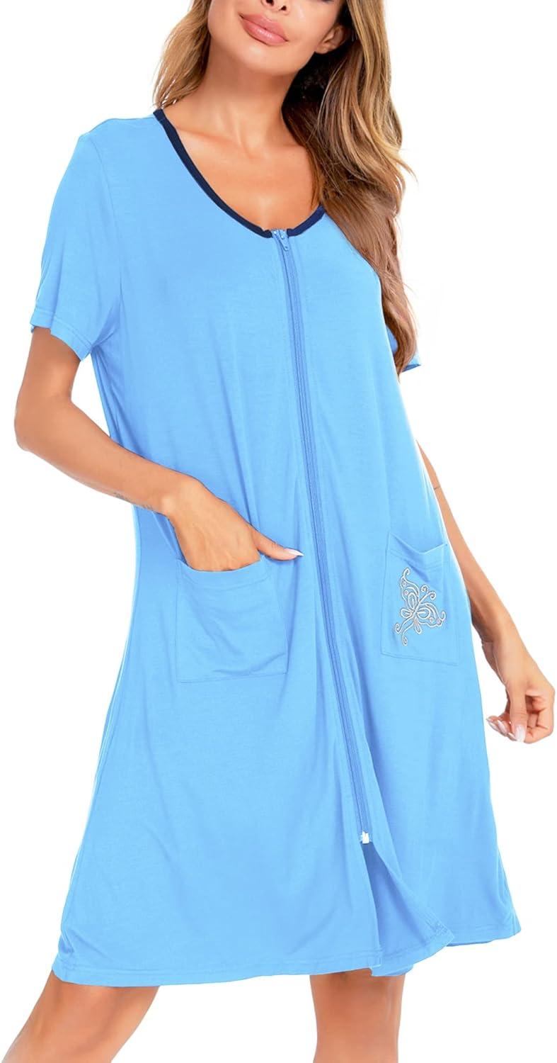 imageSWOMOG Womens Zip Up Housecoat Zipper Front Robe Lightweight Bathrobe Short Sleeve Loungewear Nightgowns with PocketsLight Blue
