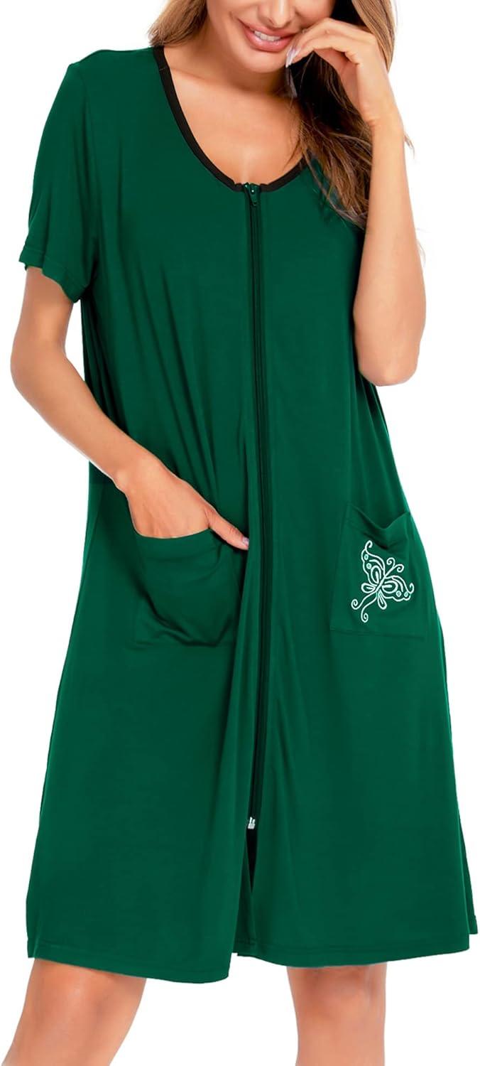 imageSWOMOG Womens Zip Up Housecoat Zipper Front Robe Lightweight Bathrobe Short Sleeve Loungewear Nightgowns with PocketsLight Green