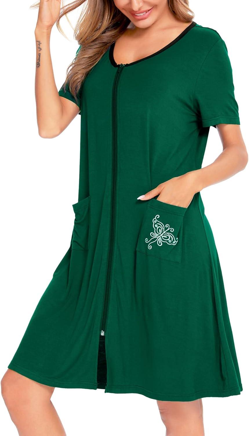 imageSWOMOG Womens Zip Up Housecoat Zipper Front Robe Lightweight Bathrobe Short Sleeve Loungewear Nightgowns with PocketsLight Green